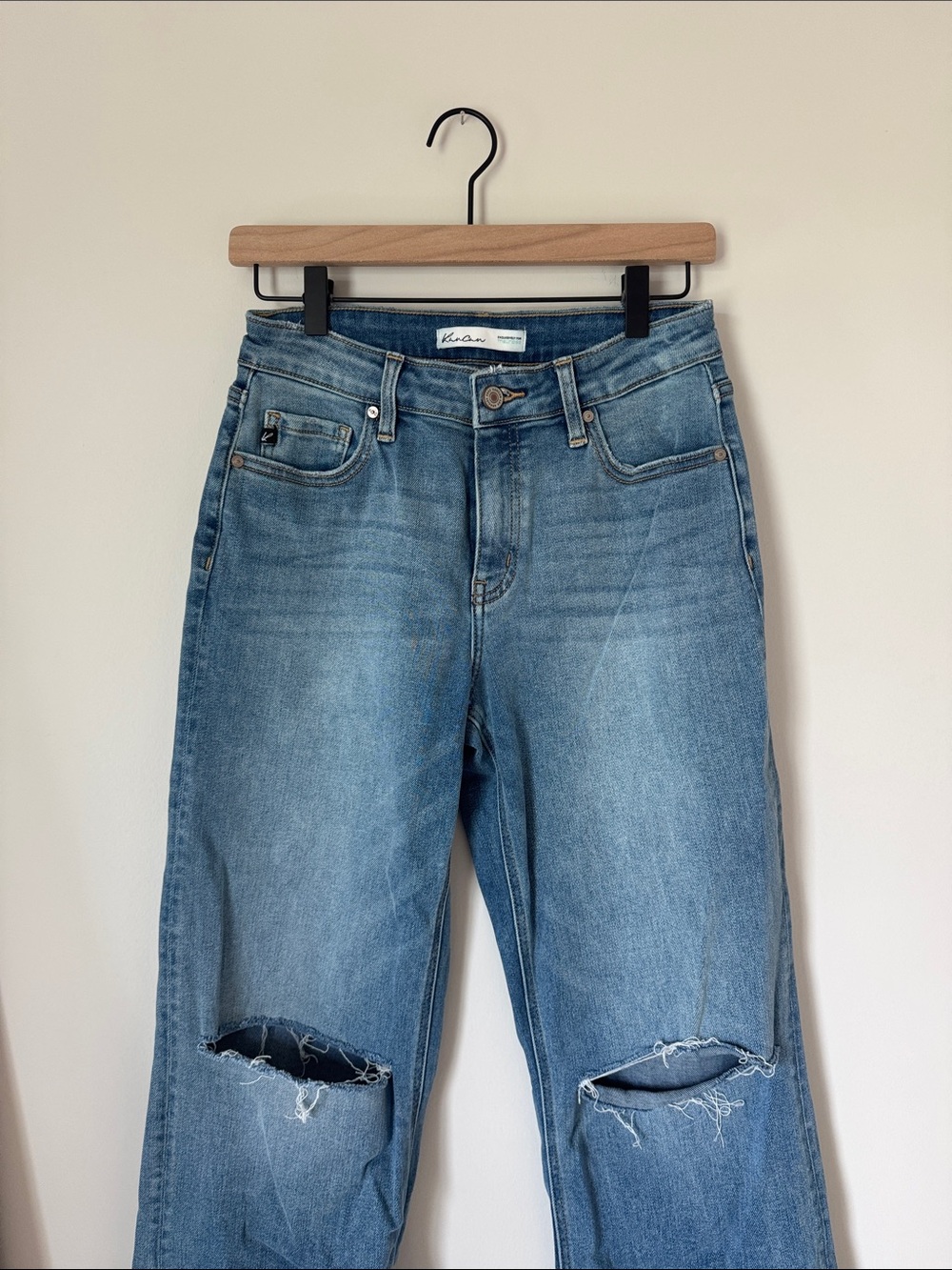 KanCan High-Rise Straight Leg Jeans in Light Blue with Knee Rips
